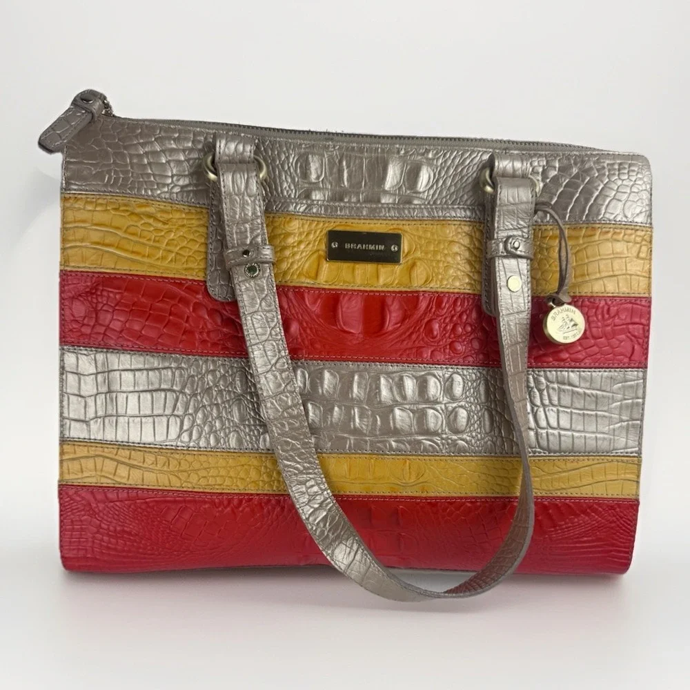 Brahmin Mandy Vineyard Fizz Tricolor Croc Embossed‎ Leather Tote handbag Rare
